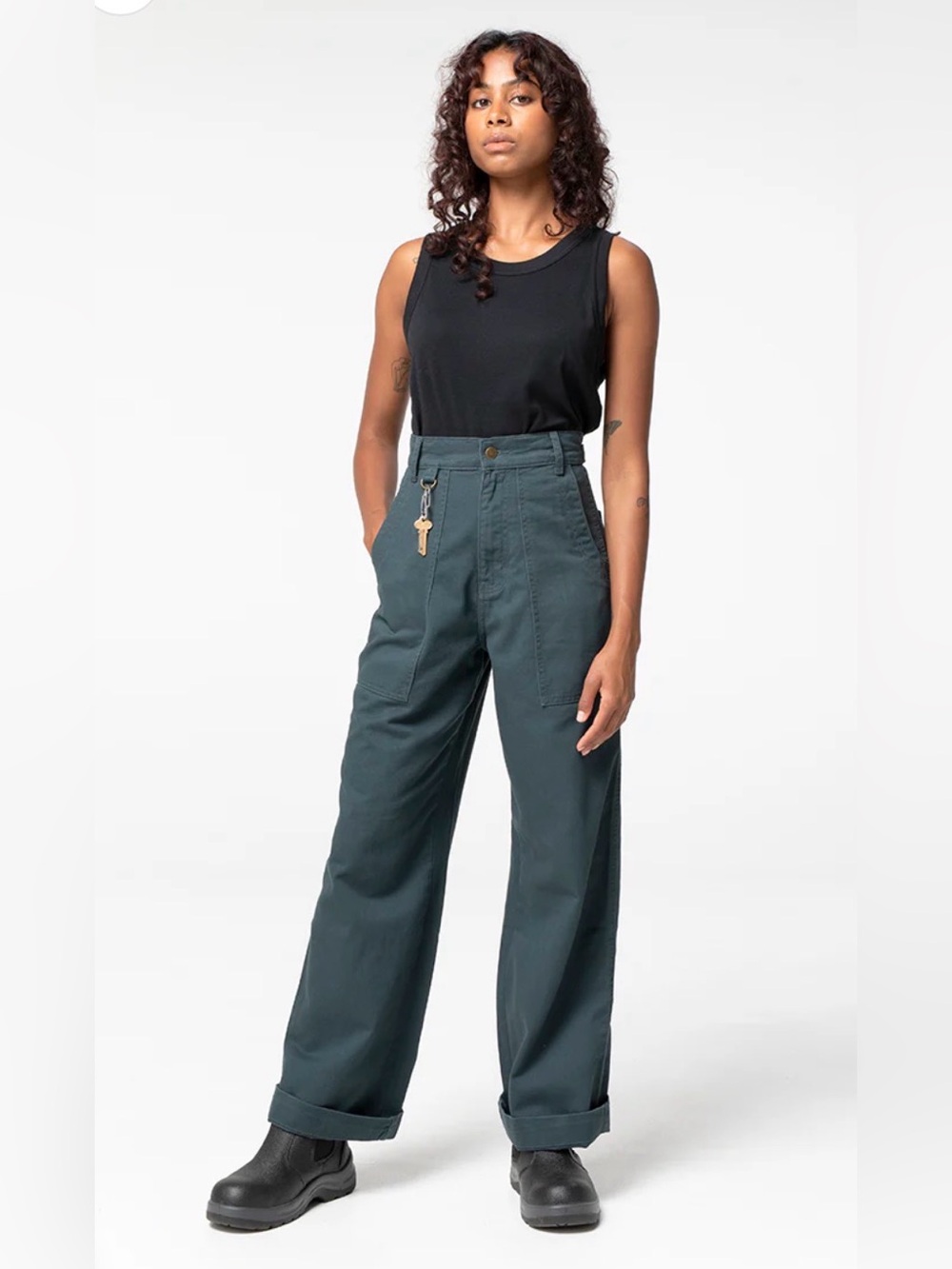 SÜK Construction Pants High-Rise Wide Leg Pants in Green/Blue /Teal